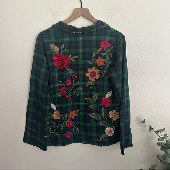 Johnny Was Other - Johnny was Rhoda Long Sleeve Pajama Plaid Top Embroidered Womens Medium NWOT